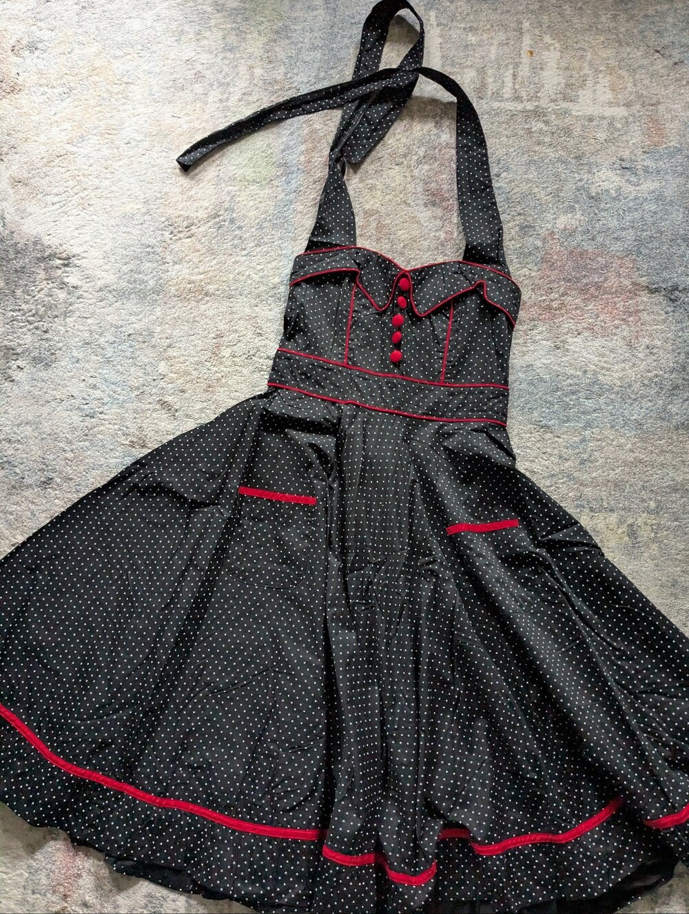 Hell Bunny Vixen Black Polka Dot Swing Dress with Red Trim